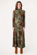 Floral mesh midi dress with long sleeves and high neckline, dark green rust pattern