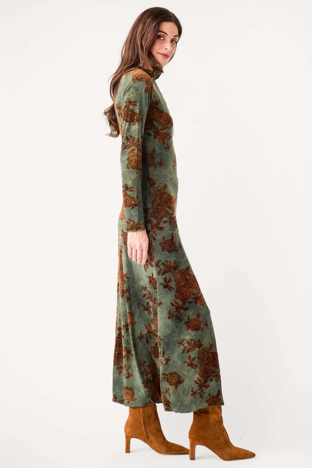 Floral mesh midi dress, long sleeves, high neckline, dark green with rust floral print