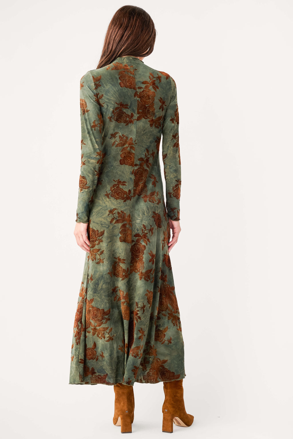 Floral mesh midi dress back view, long sleeves, high neckline, dark green rust florals
