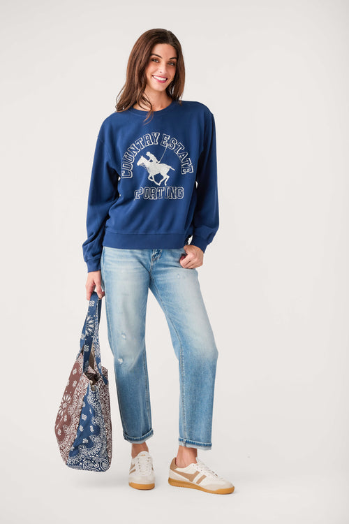 Oxford blue crewneck boyfriend sweatshirt with front sports graphic, relaxed fit