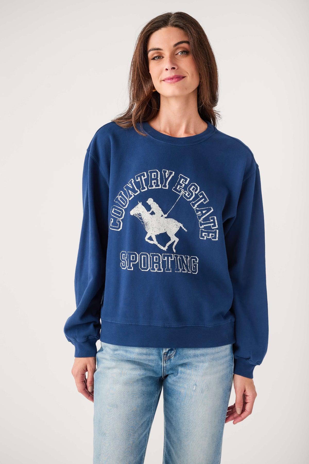 Oxford blue crewneck boyfriend sweatshirt with front sports graphic
