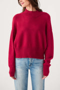 Wine mock neck knit sweater with ribbed cuffs and hemline, relaxed fit