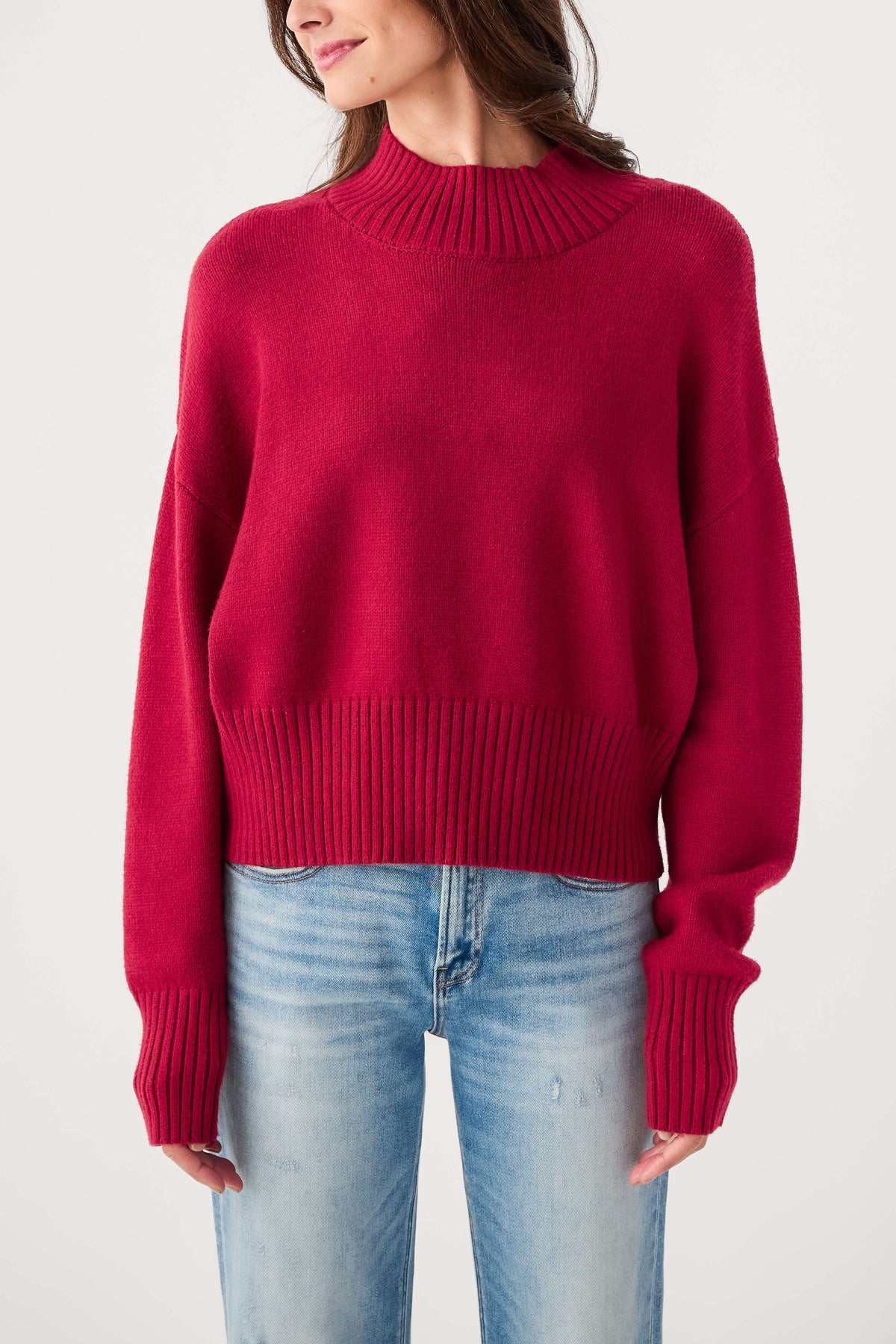 Wine mock neck knit sweater with ribbed cuffs and hemline, relaxed fit