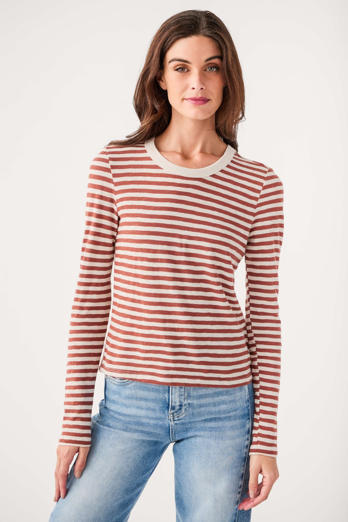 Long-sleeve striped slub tee, rust and white, crew neck