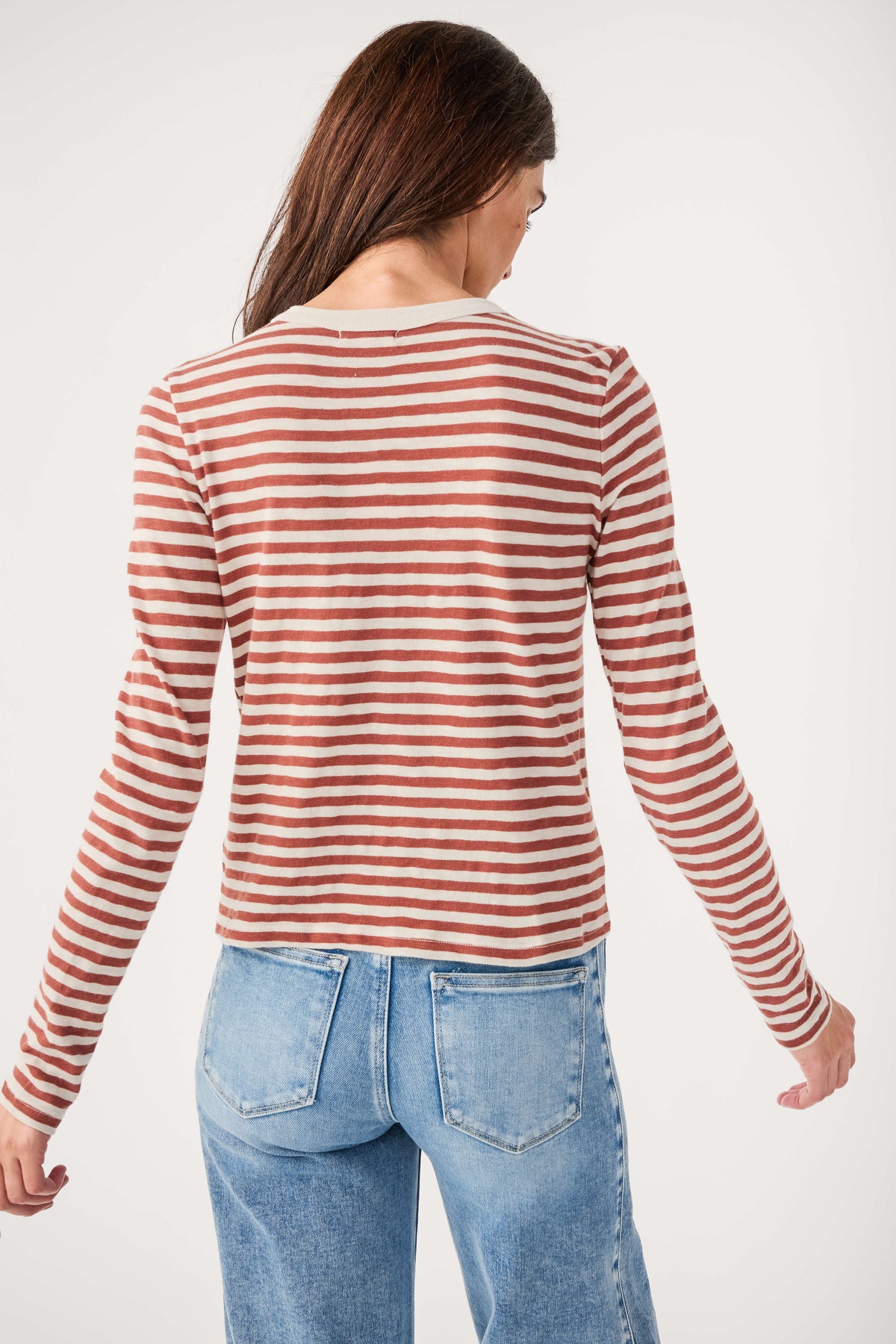 Back view long-sleeve striped slub tee, rust and white, crew neck