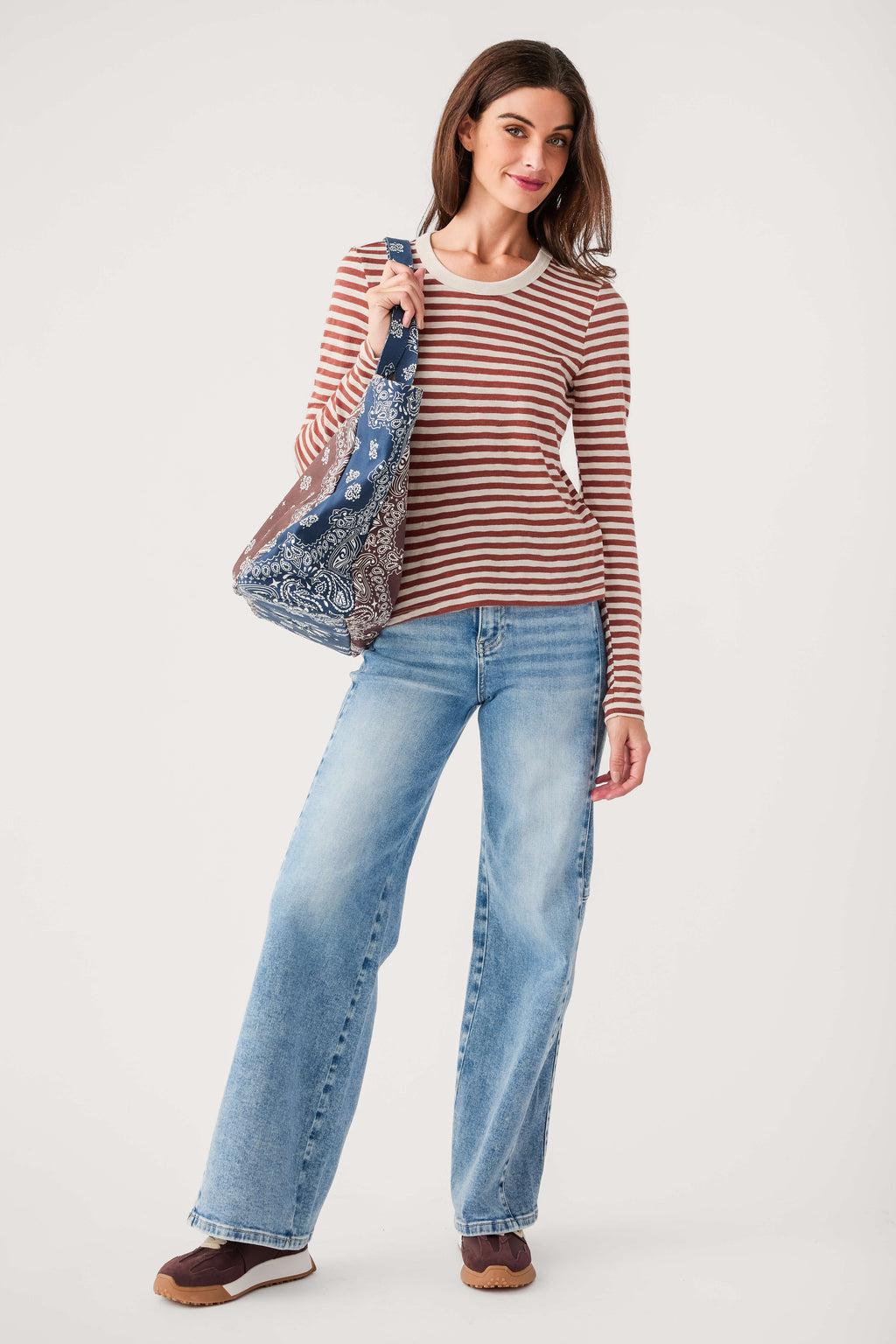 Long-sleeve striped slub tee, rust and white, crew neck, long sleeves