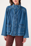 Dark blue denim jacket with gathered yoke and front patch pockets