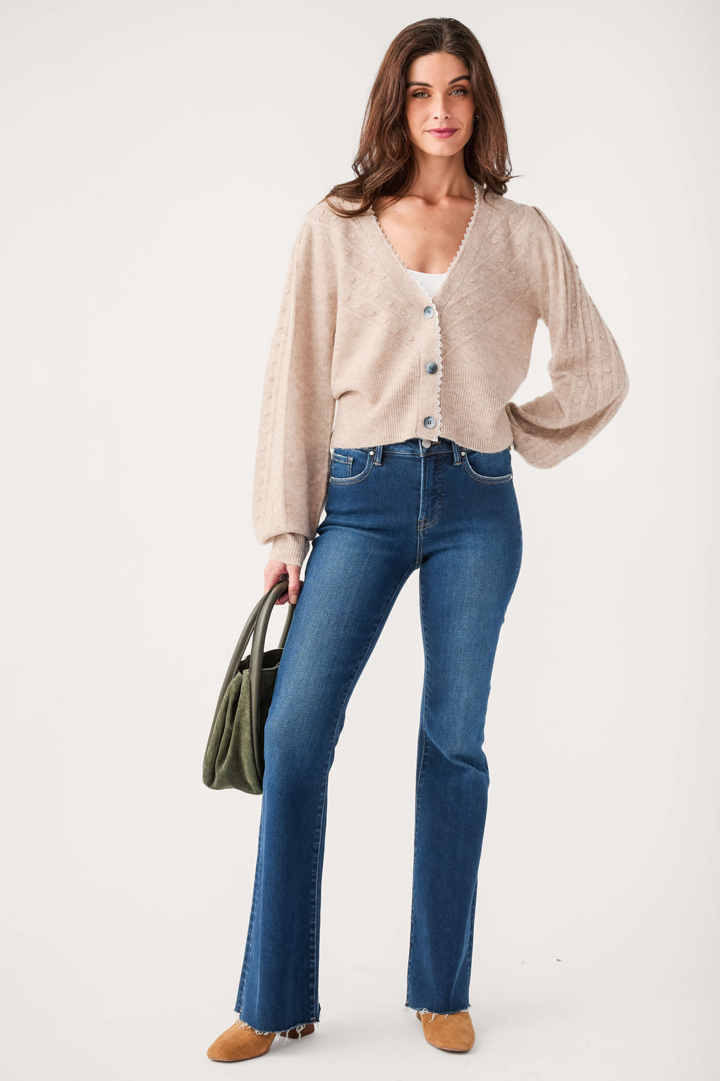Mocha lace-trim button cardigan with long sleeves, front view