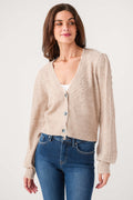 Mocha lace-trim button cardigan, V-neck, long sleeves
