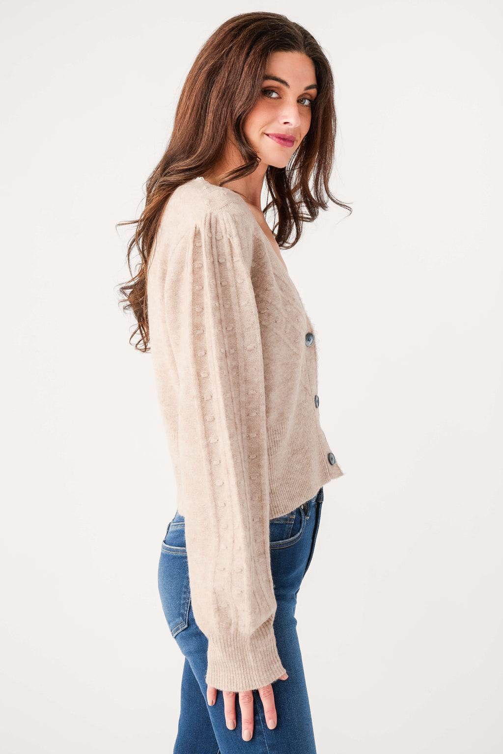 Mocha long-sleeve cardigan with lace-trim buttons, side view