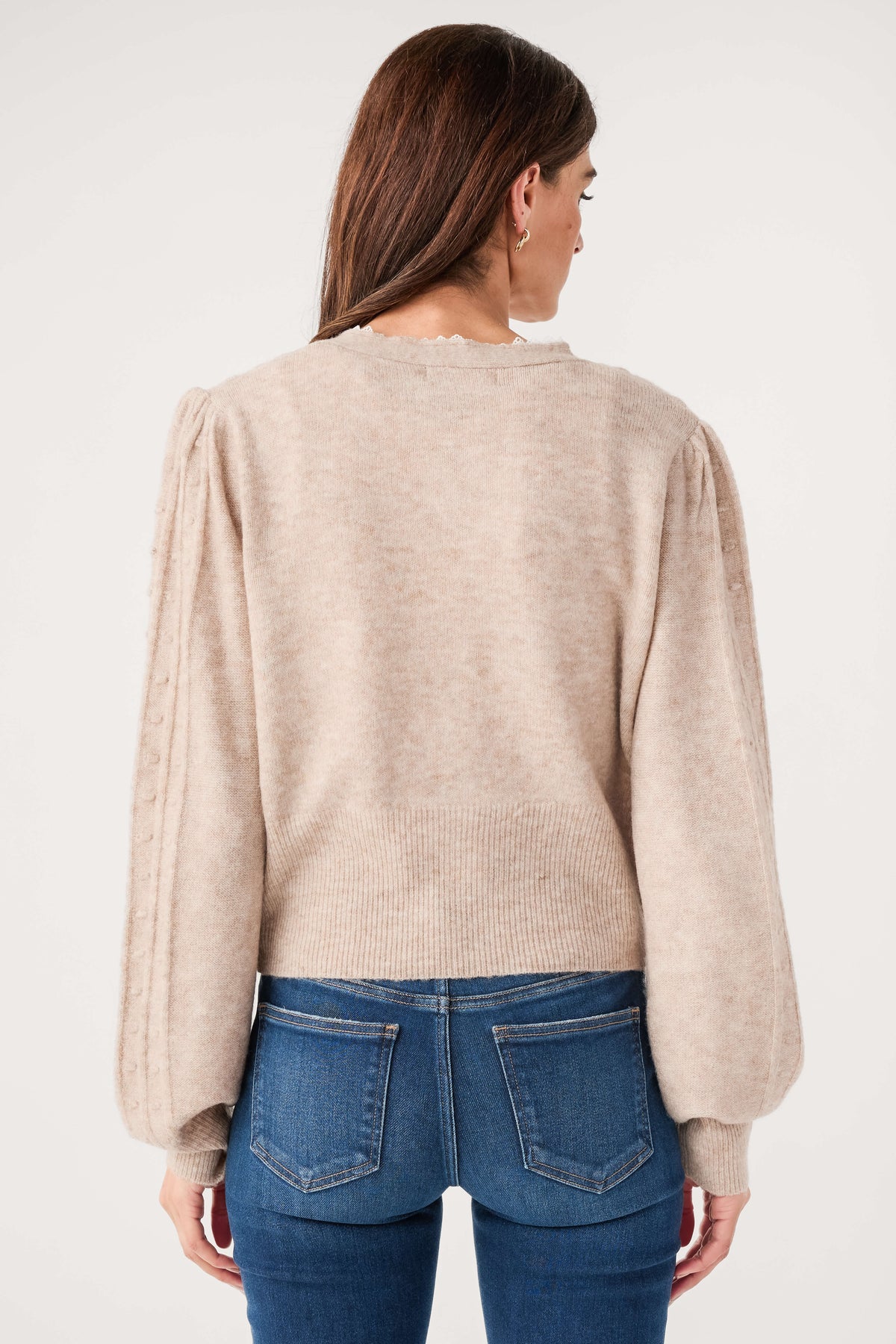 Mocha knit cardigan back view, long sleeves and rounded hem