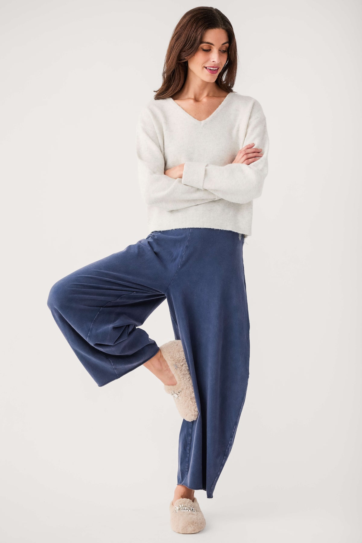 Navy pull-on wide-leg pants with elastic waistband