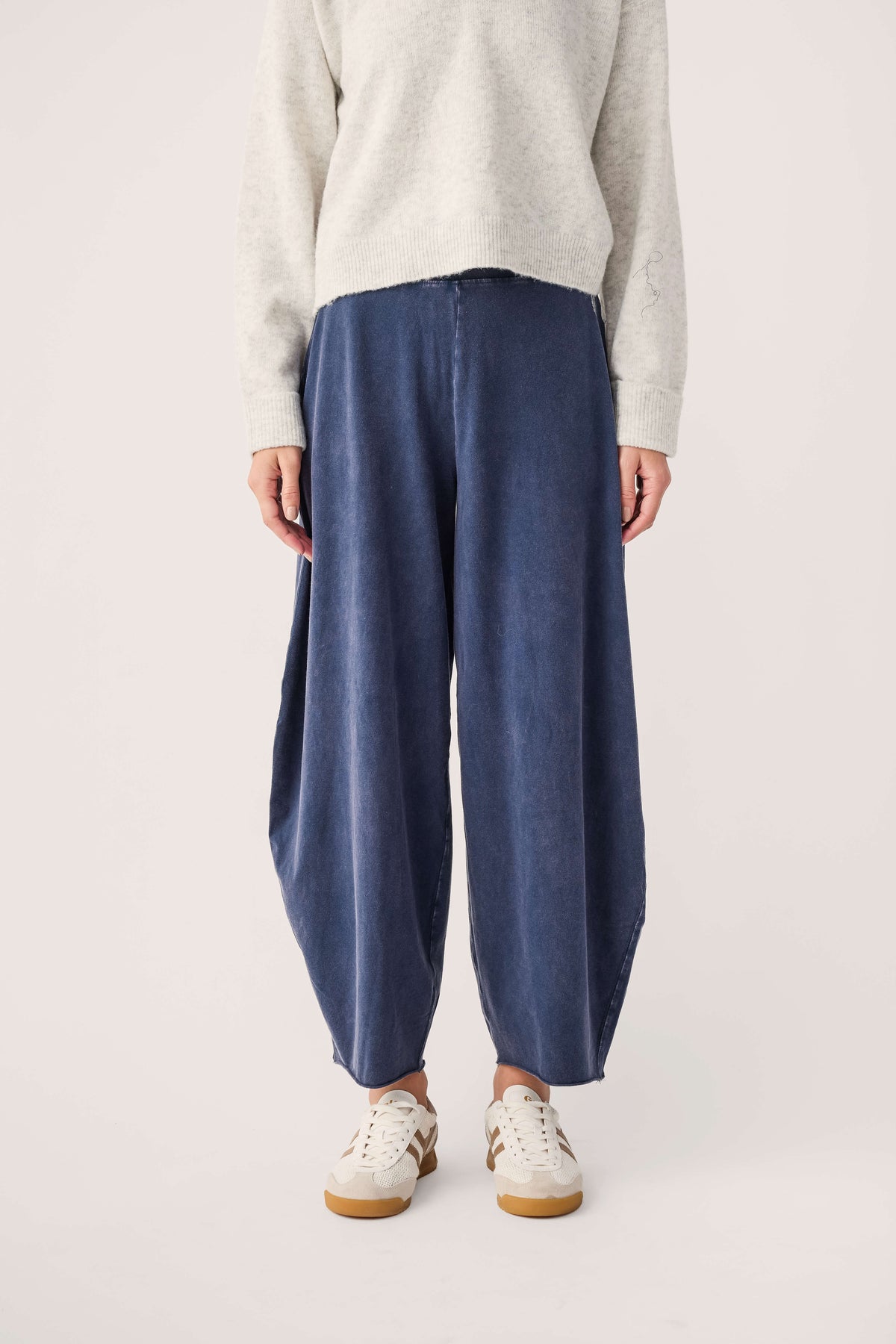 Navy wide-leg easy pants with elastic waist and back view