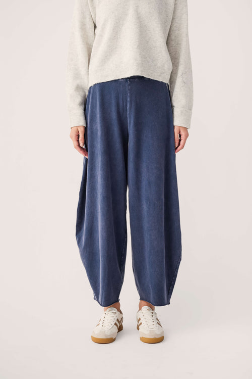 Navy wide-leg easy pants with elastic waist and back view