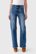 Women's dark wash high-rise straight-leg jeans, front view with pocket stitching and whisker creases