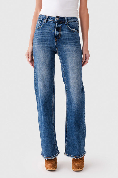 Women's dark wash high-rise straight-leg jeans, front view with pocket stitching and whisker creases