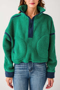 Green fleece 1/2-zip pullover with stand collar and dark zip placket