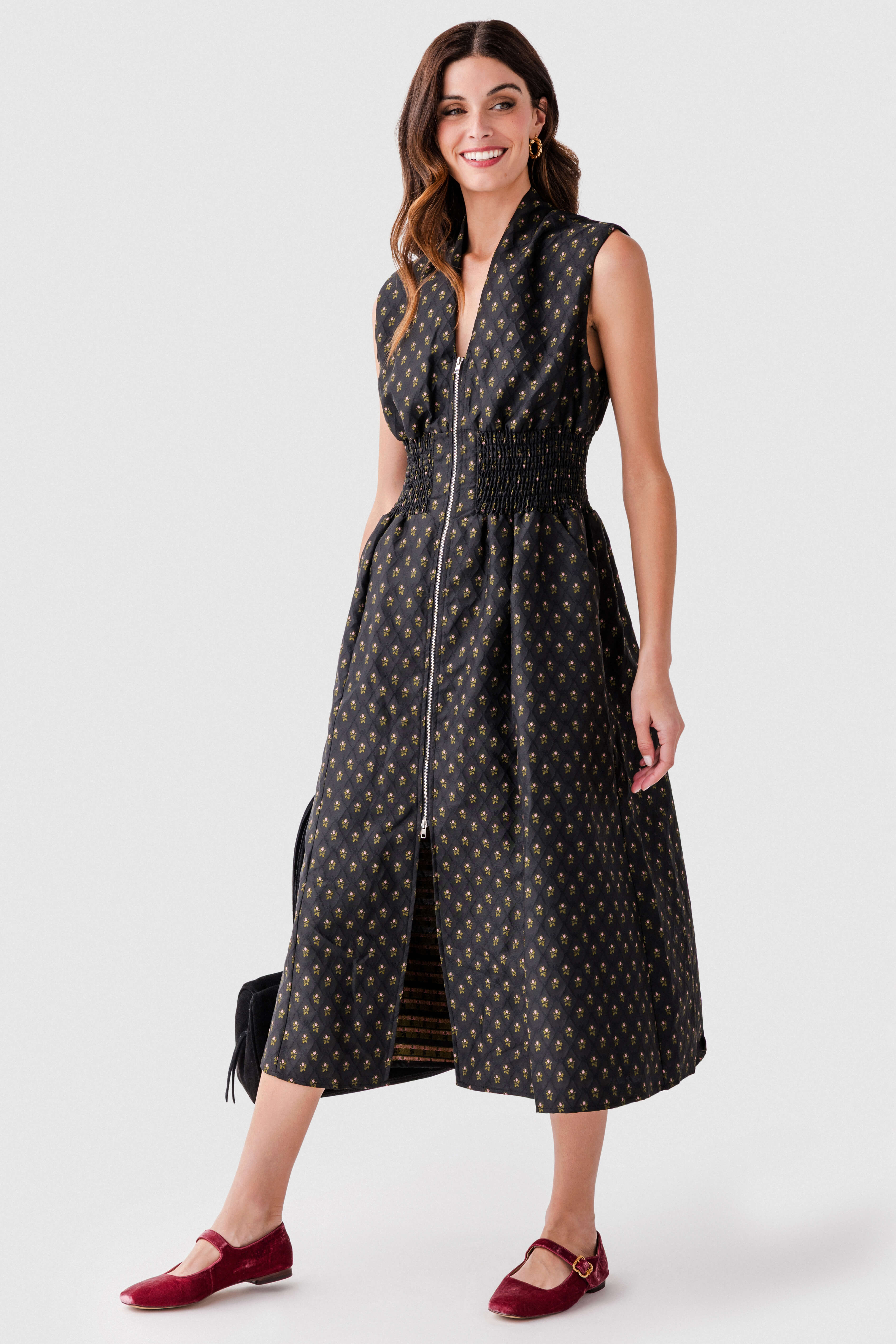 Fate V neckline Front Zip Midi Dress