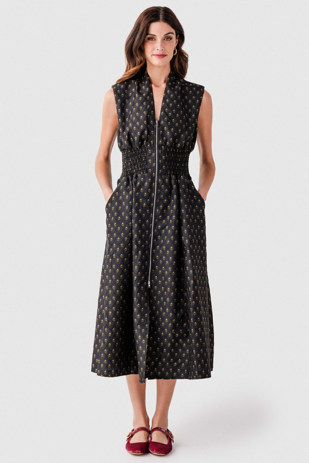 Fate V neckline Front Zip Midi Dress