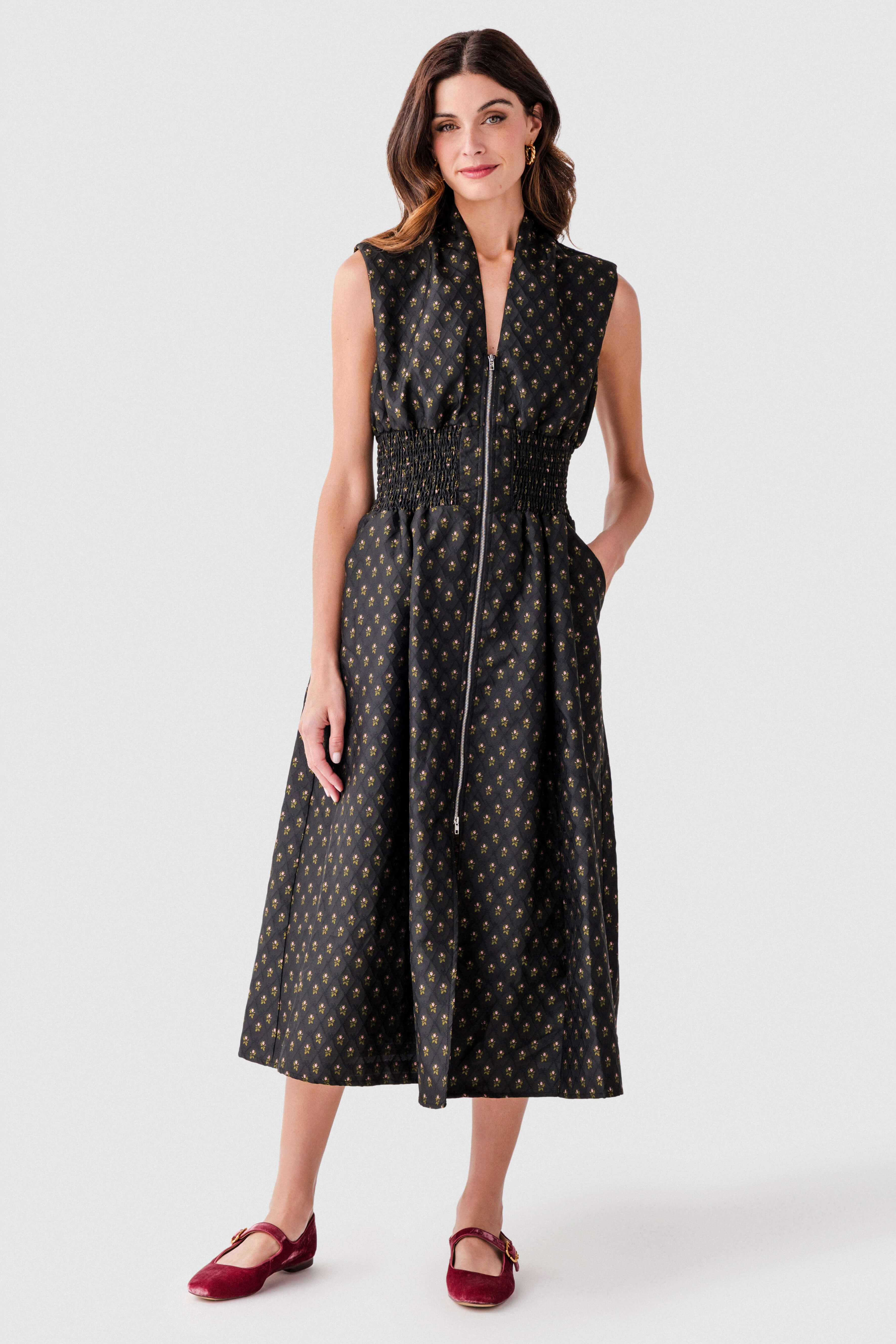 Fate V neckline Front Zip Midi Dress