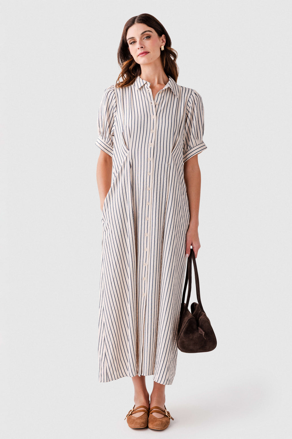 Jodifl Striped Pintuck Flare Midi Dress