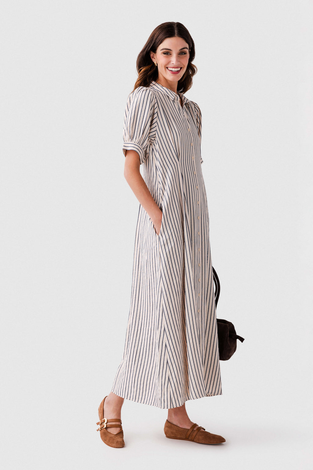 Jodifl Striped Pintuck Flare Midi Dress