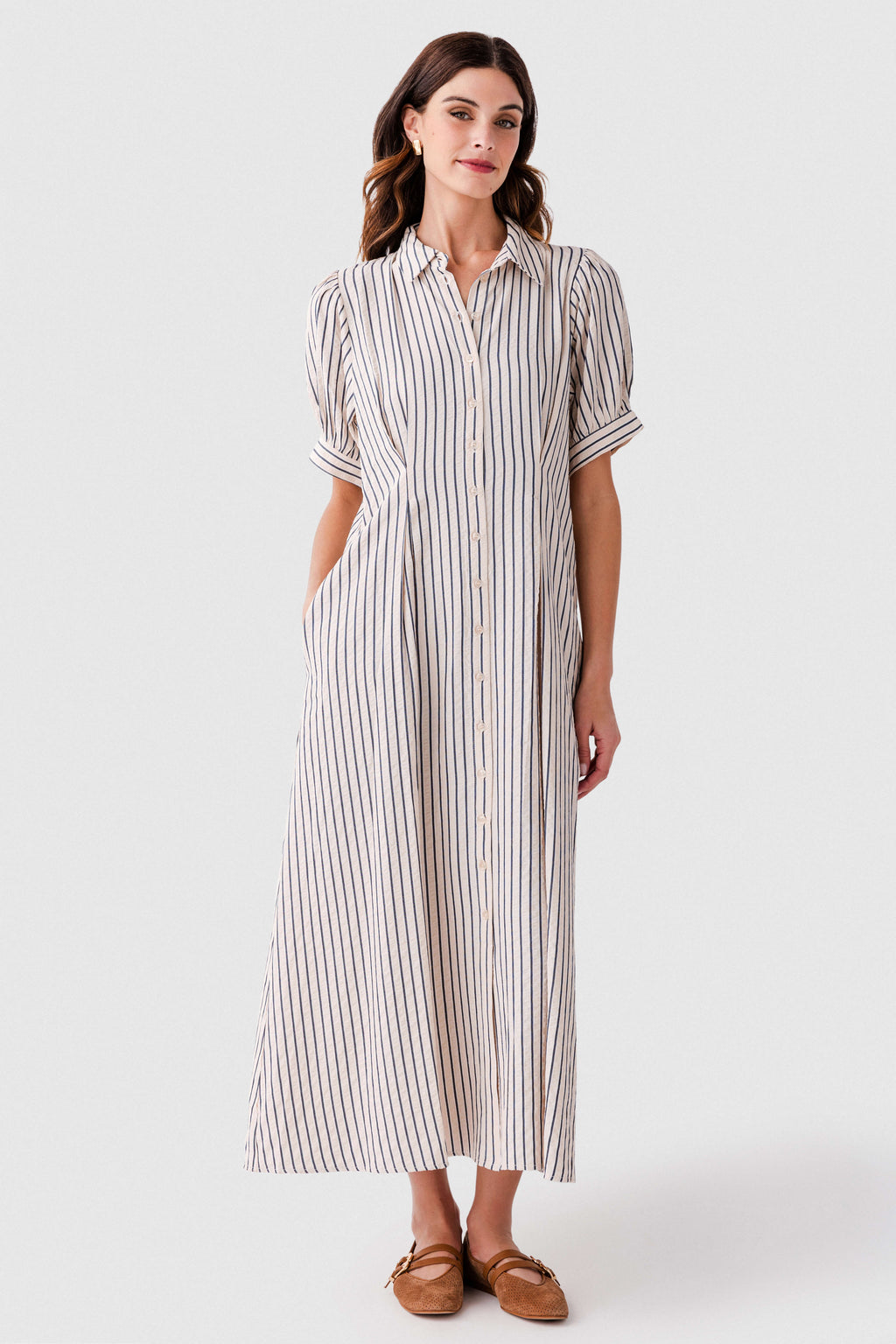 Jodifl Striped Pintuck Flare Midi Dress