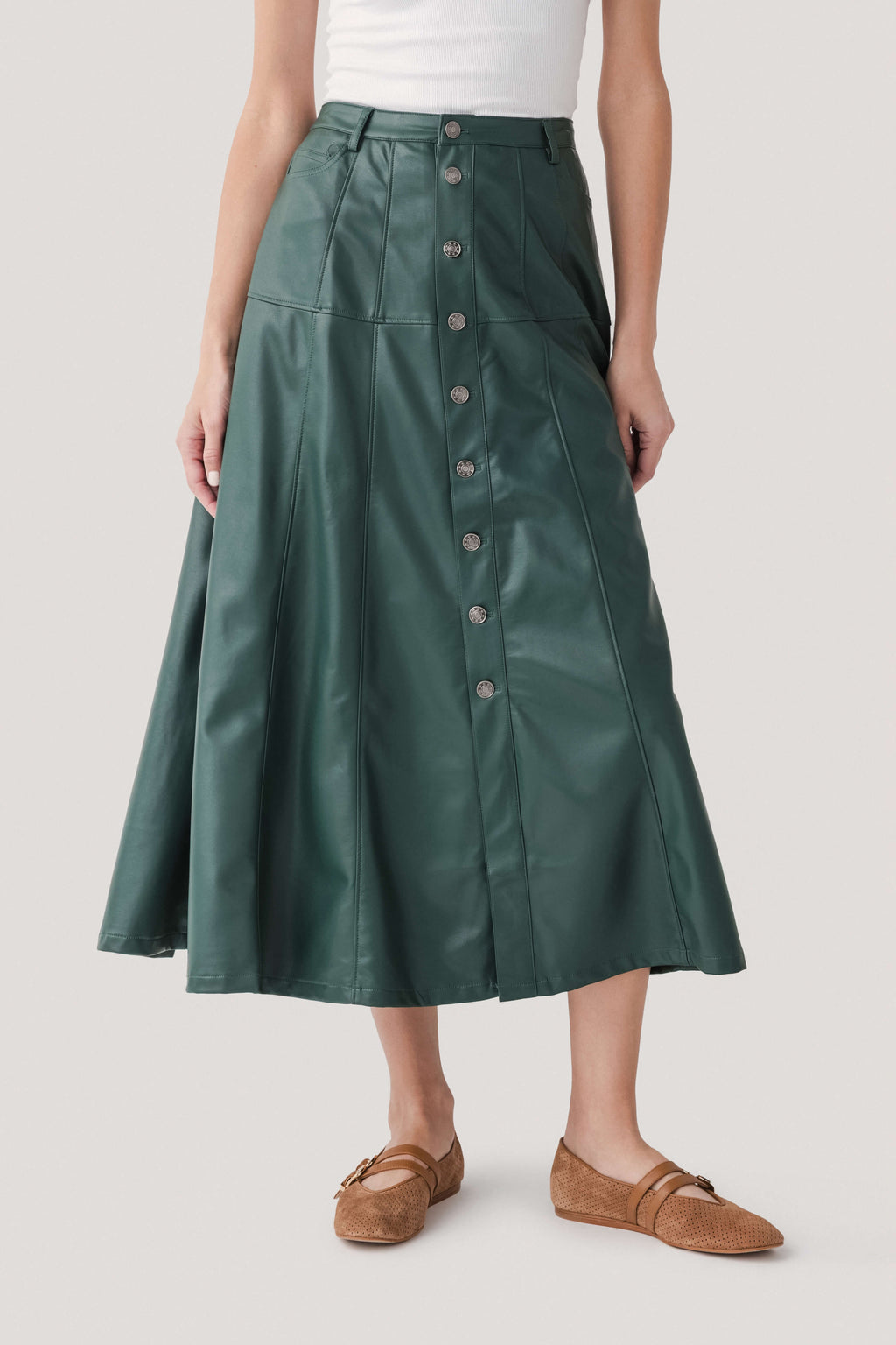 Fate Faux Leather Button Front A-Line Midi Skirt