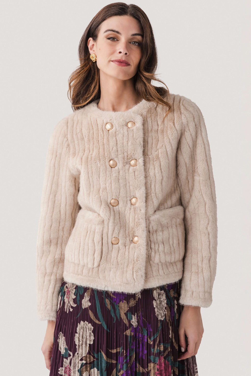 Molly Bracken Faux Fur Gold Button Jacket
