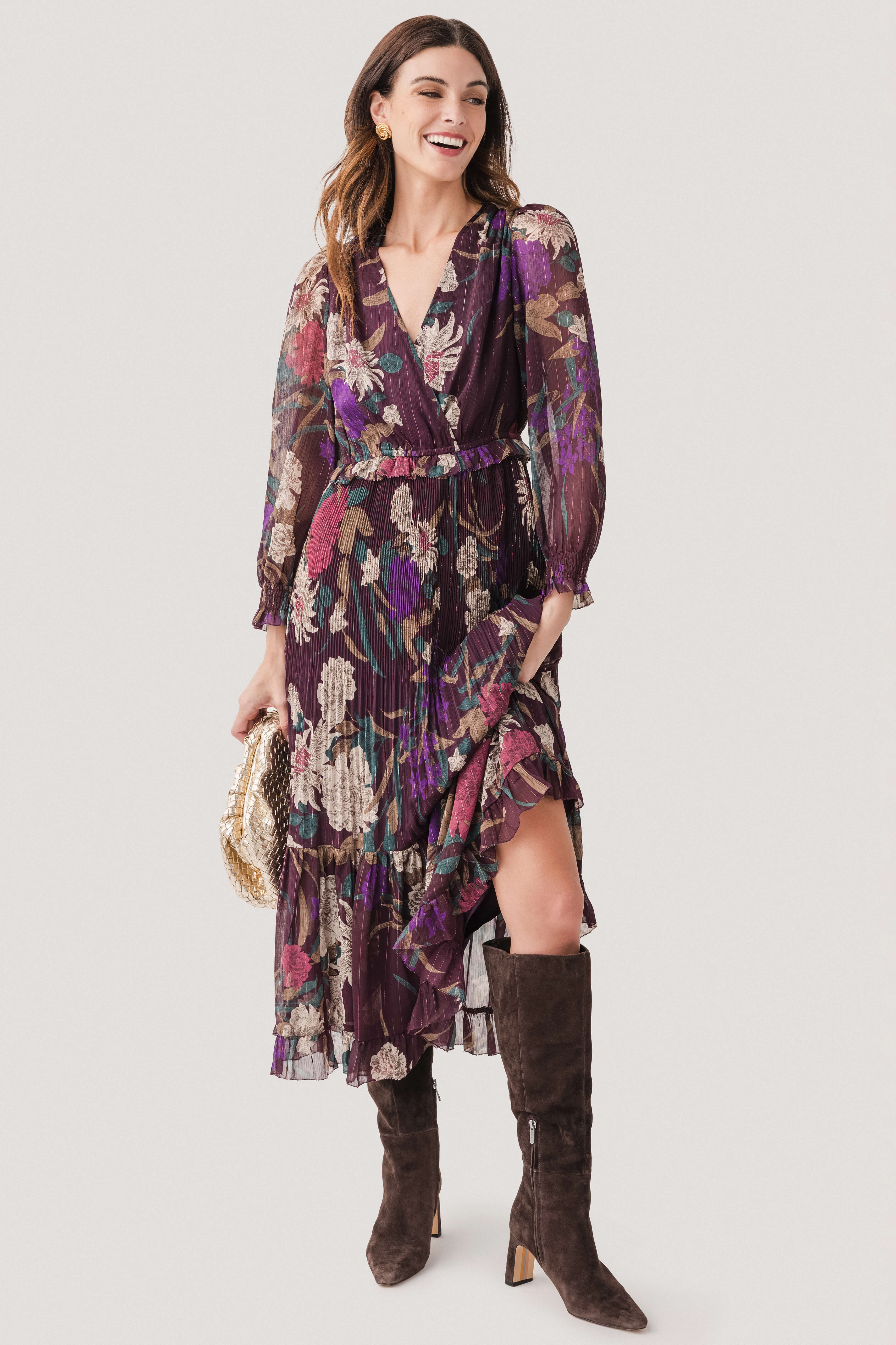 Current Air Floral Surplice Pleated Maxi Dress