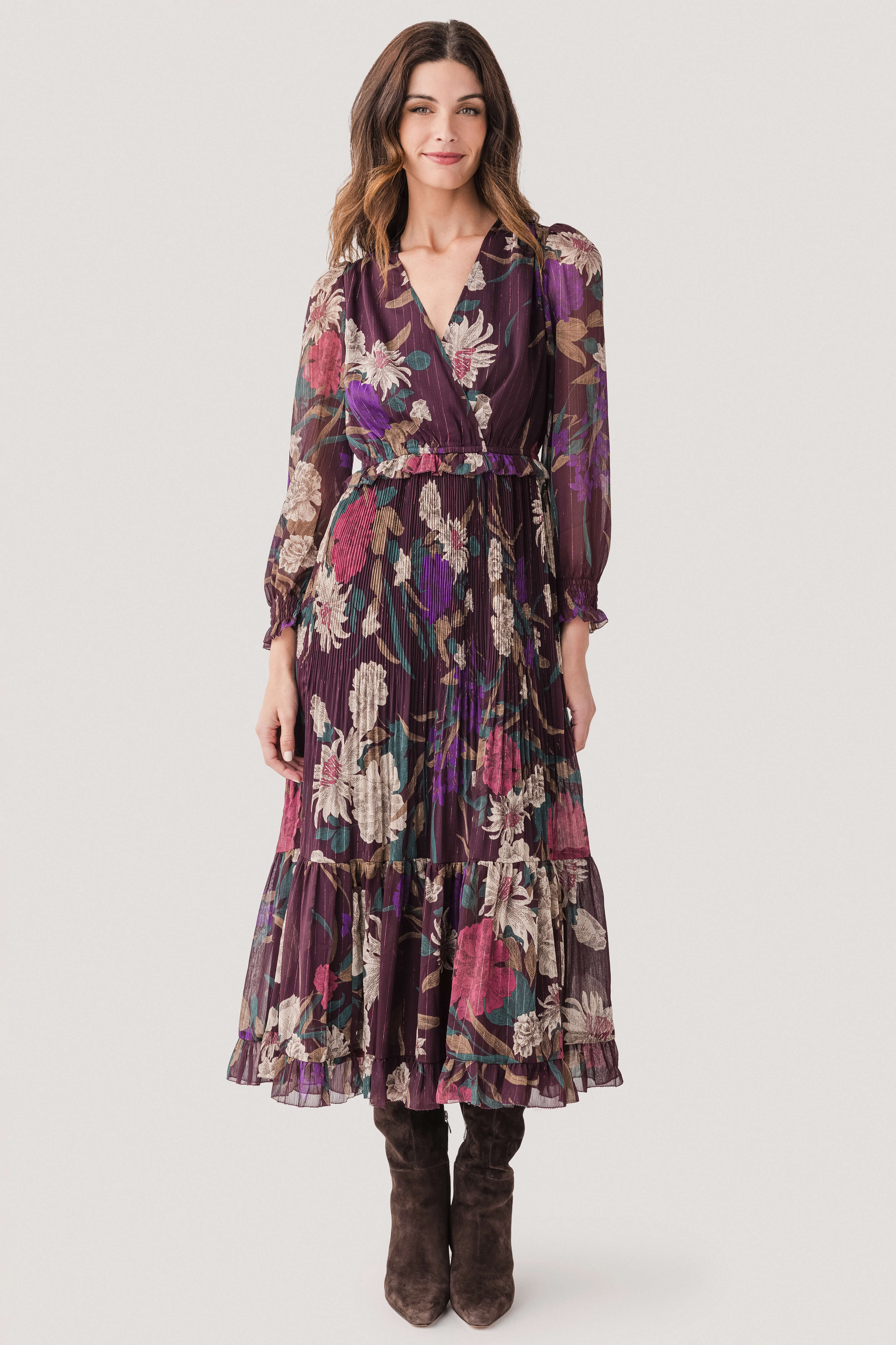 Current Air Floral Surplice Pleated Maxi Dress