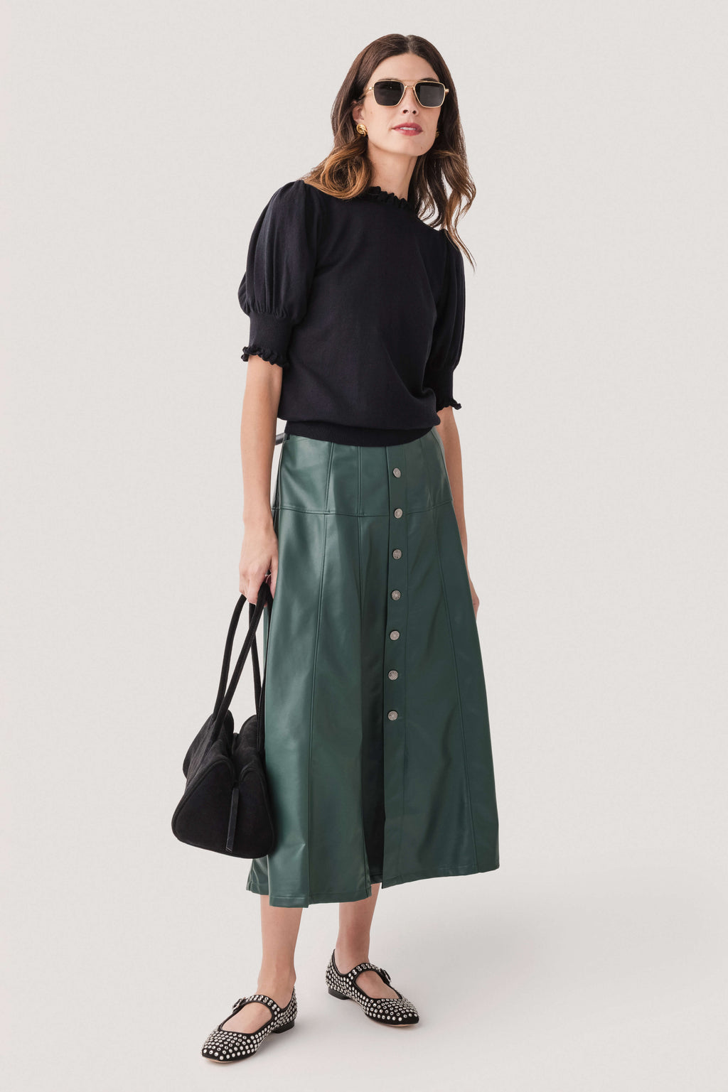Fate Faux Leather Button Front A-Line Midi Skirt