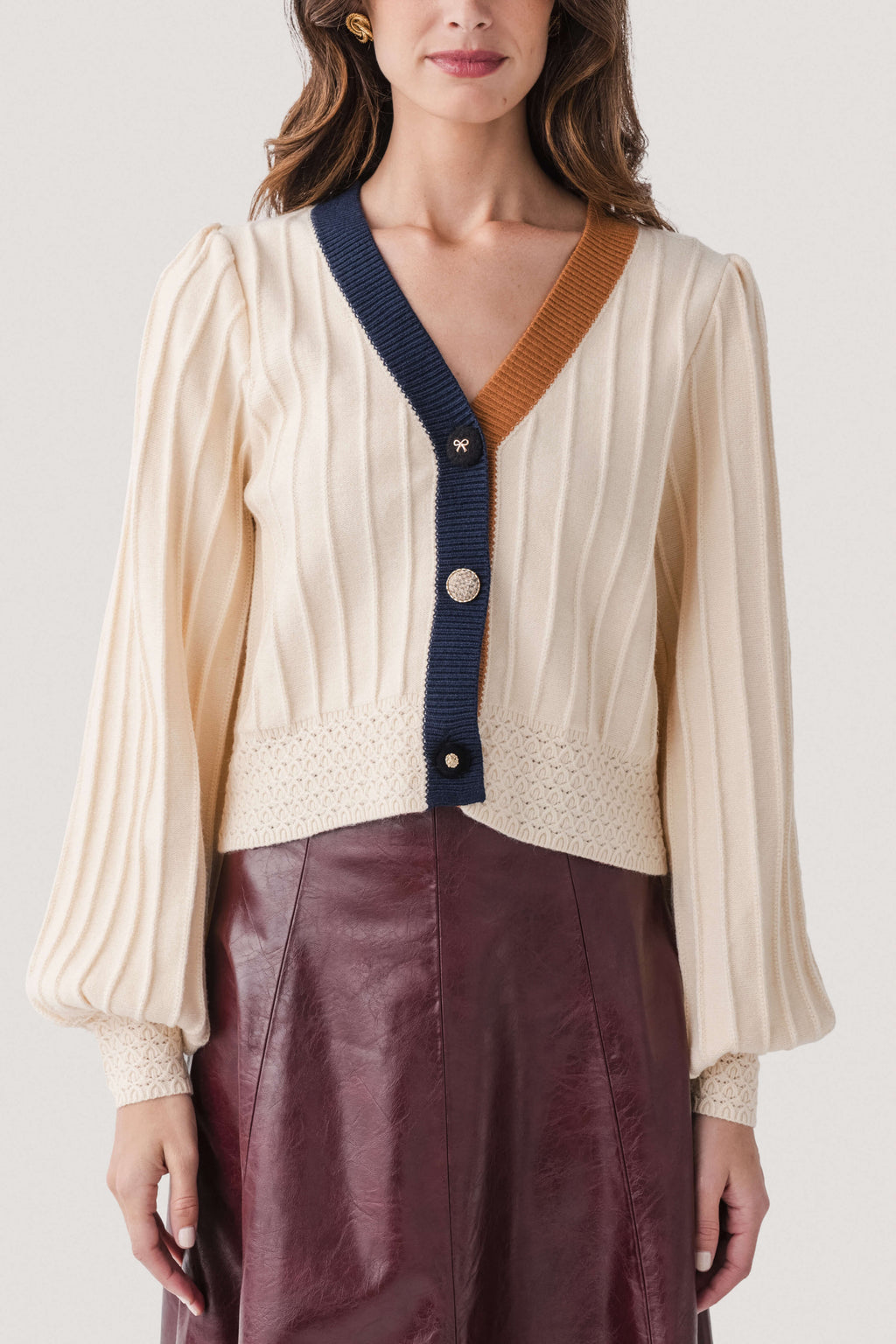 THML Balloon Sleeve Colorblock Knit Cardigan
