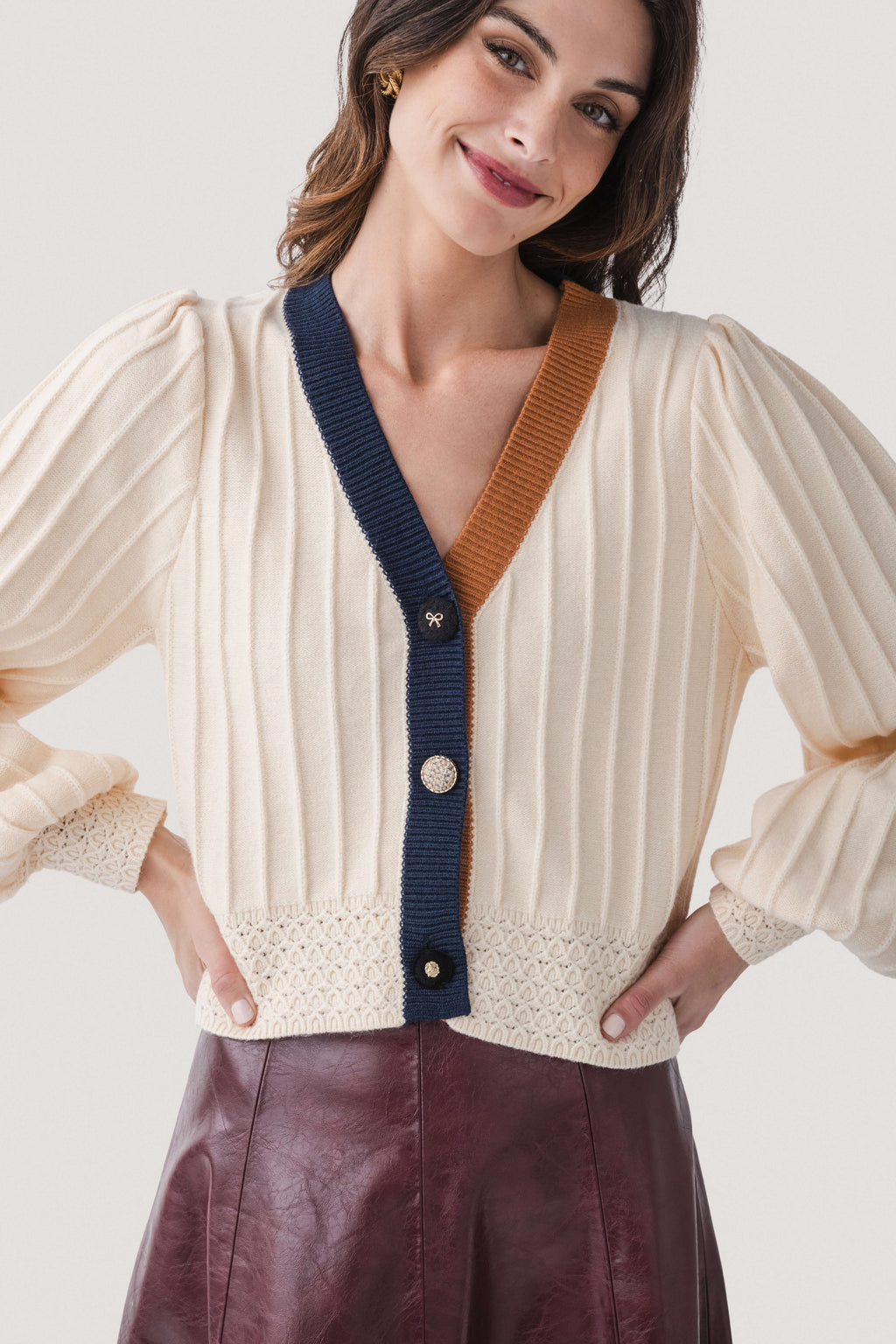 THML Balloon Sleeve Colorblock Knit Cardigan