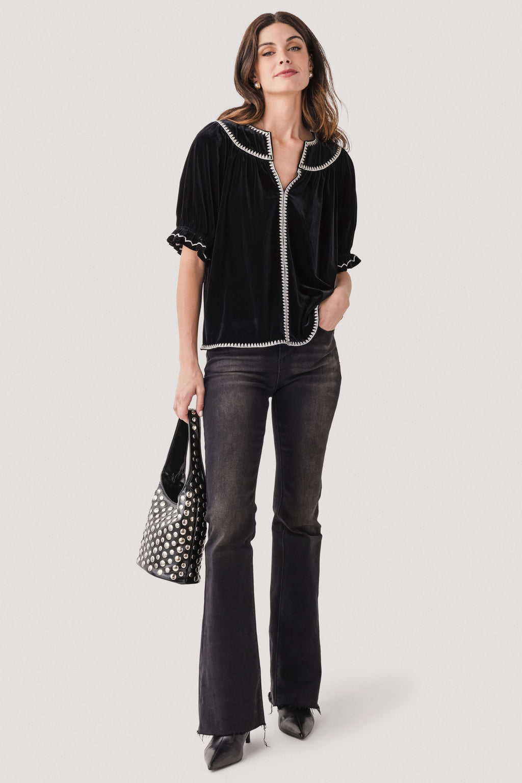 Fate Puff Sleeve Embroidered Velvet Top