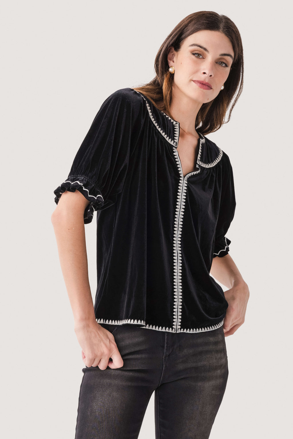 Fate Puff Sleeve Embroidered Velvet Top