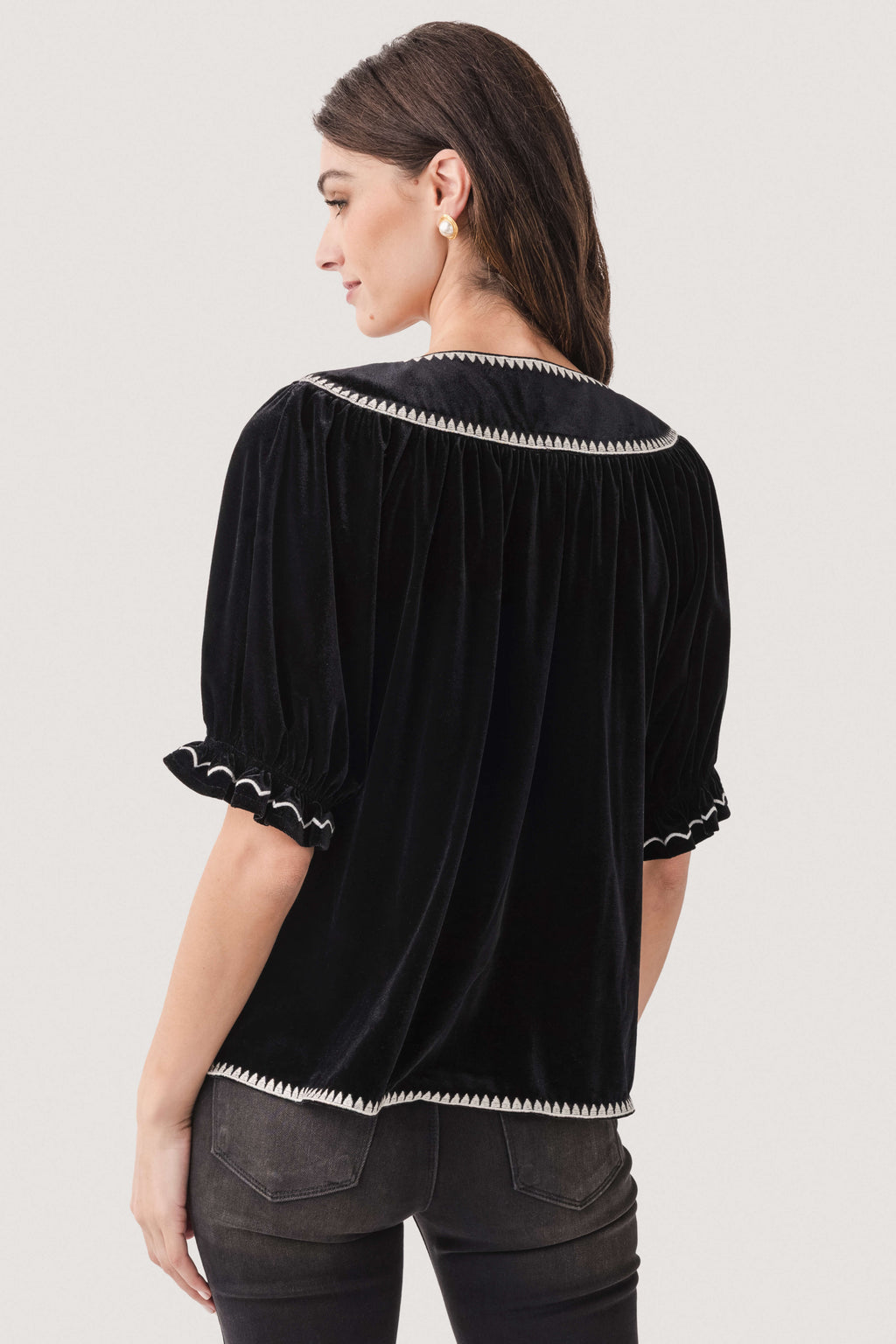 Fate Puff Sleeve Embroidered Velvet Top