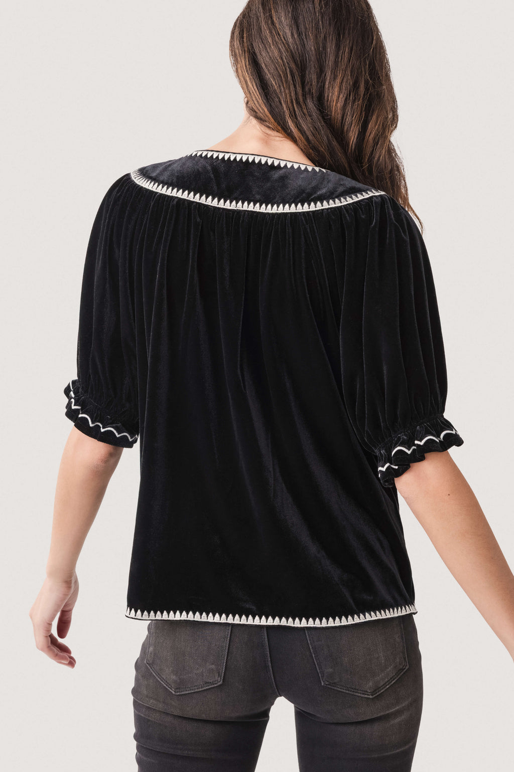 Fate Puff Sleeve Embroidered Velvet Top