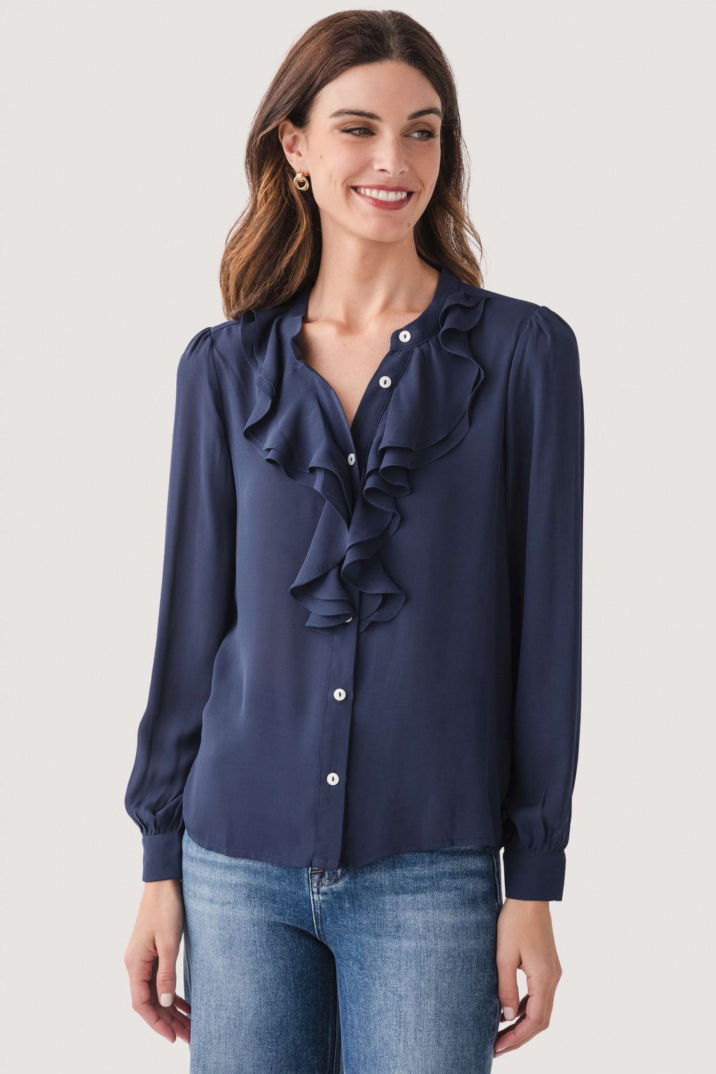 Molly Bracken Ruffle Neck Button Up Top
