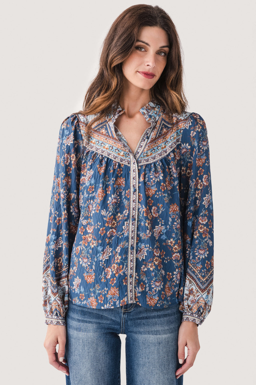 Fate Border Print Button Down Top