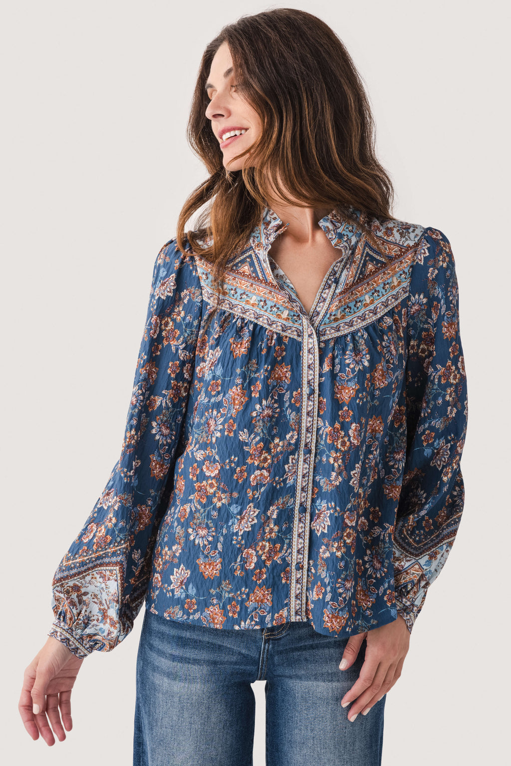 Fate Border Print Button Down Top