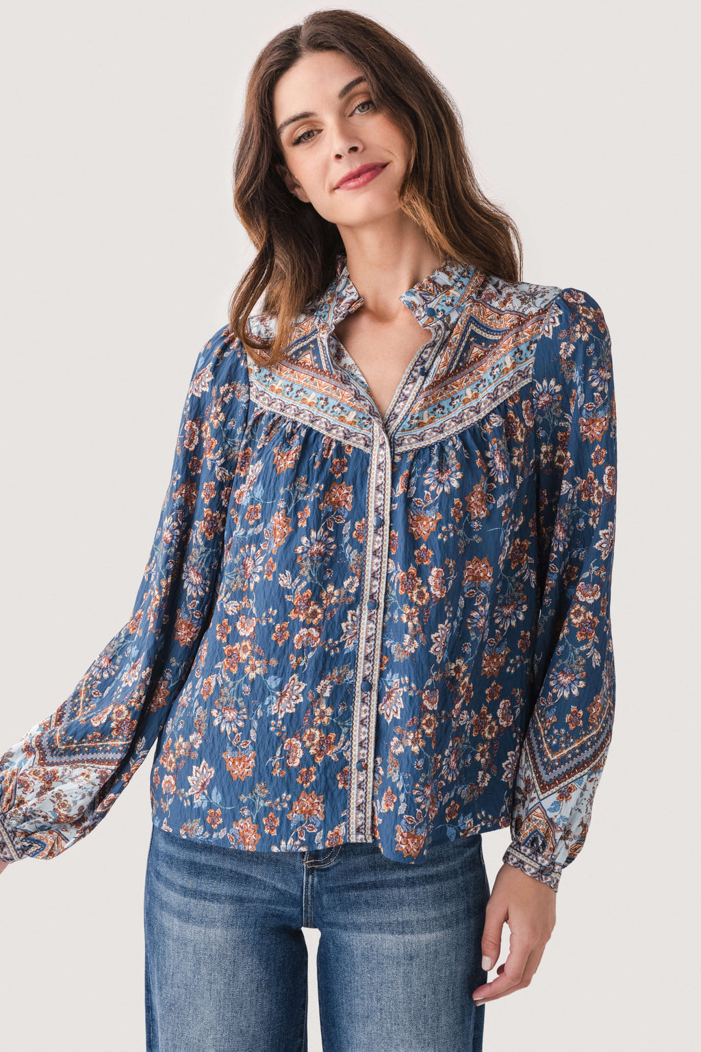 Fate Border Print Button Down Top