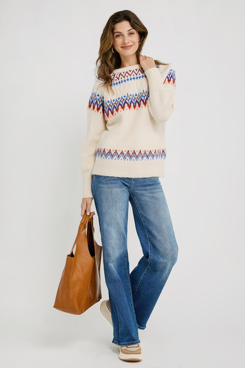RD Style Melinda Fair Isle Sweater with Cabling and Balloon Sleeve