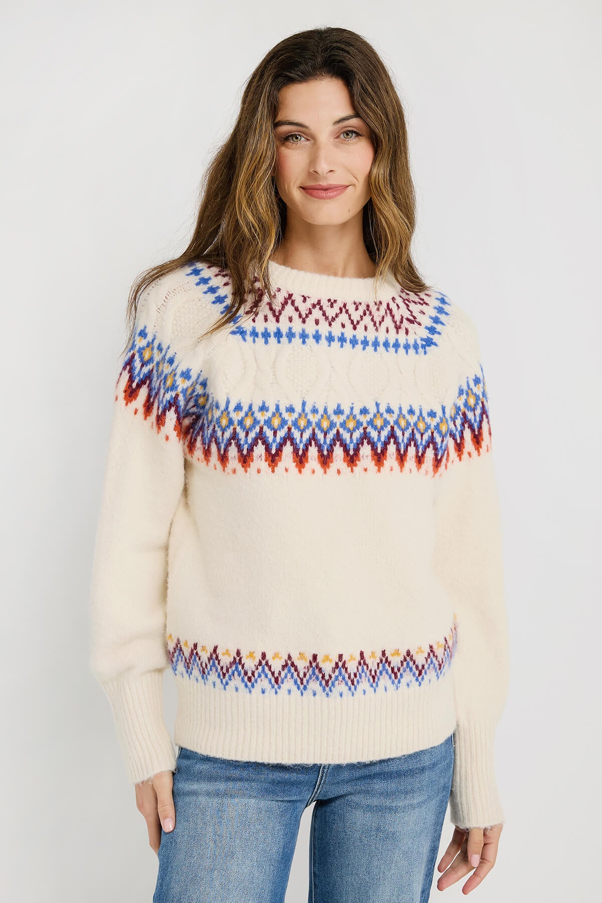RD Style Melinda Fair Isle Sweater with Cabling and Balloon Sleeve
