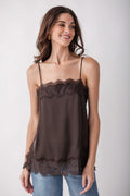 Charcoal lace cami with thin straps and lace trim at neckline and hem.