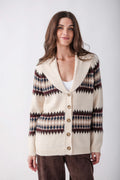 Cream cardigan with navy, burgundy, and tan geometric patterning on sleeves and torso, button front, and collared neckline.