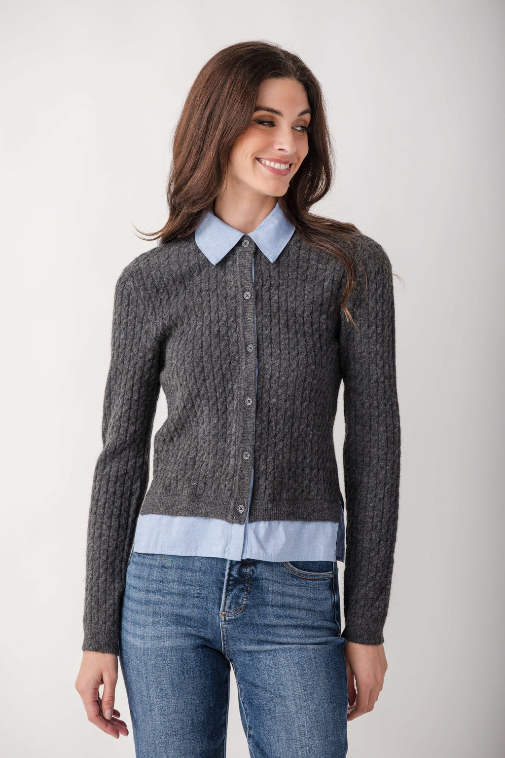 Gray ribbed knit top with light blue collared shirt overlay and button front closure.