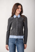 Gray ribbed knit top with light blue collared shirt overlay and button front closure.