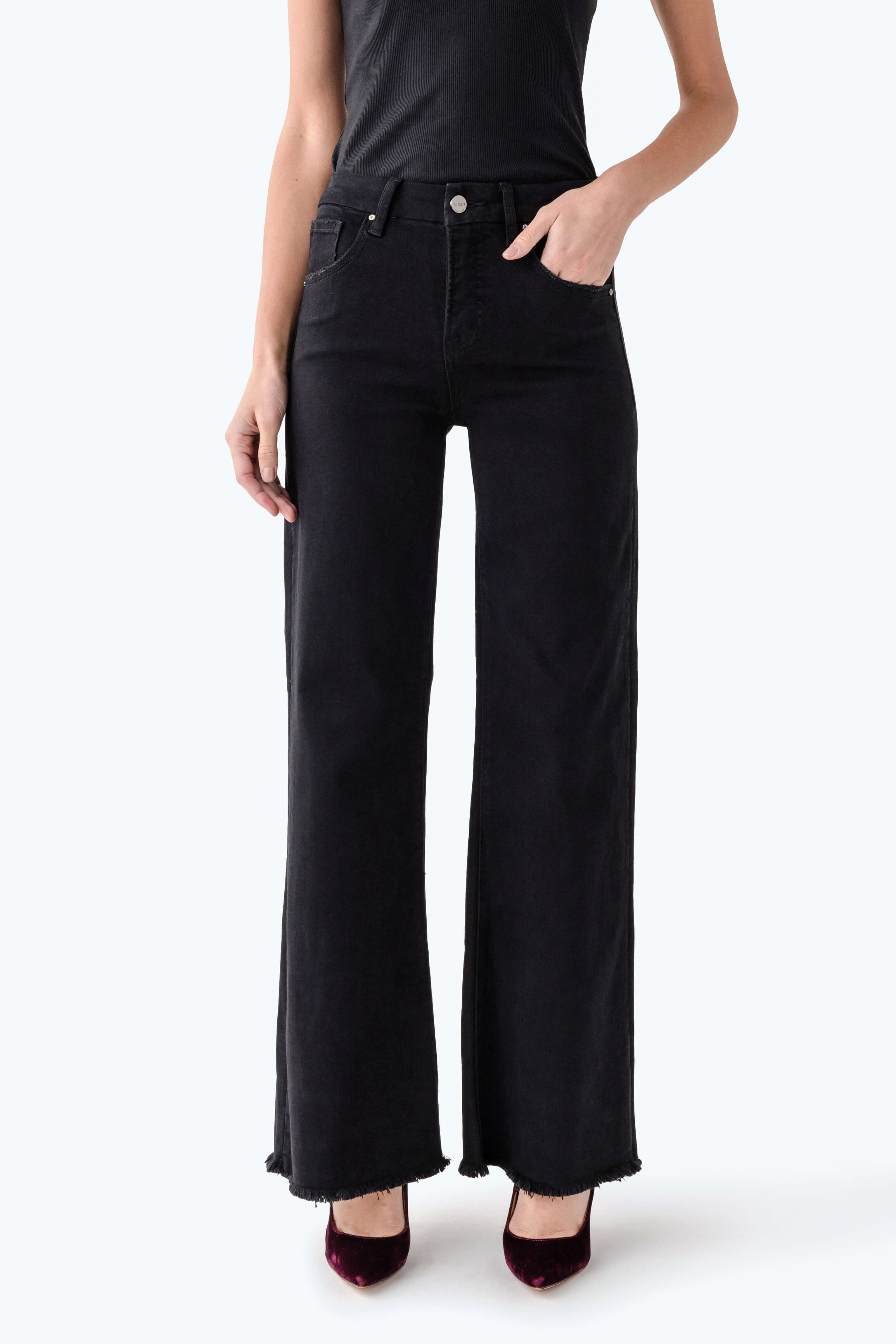 Risen Elliot High Rise Raw Hem Wideleg Jeans