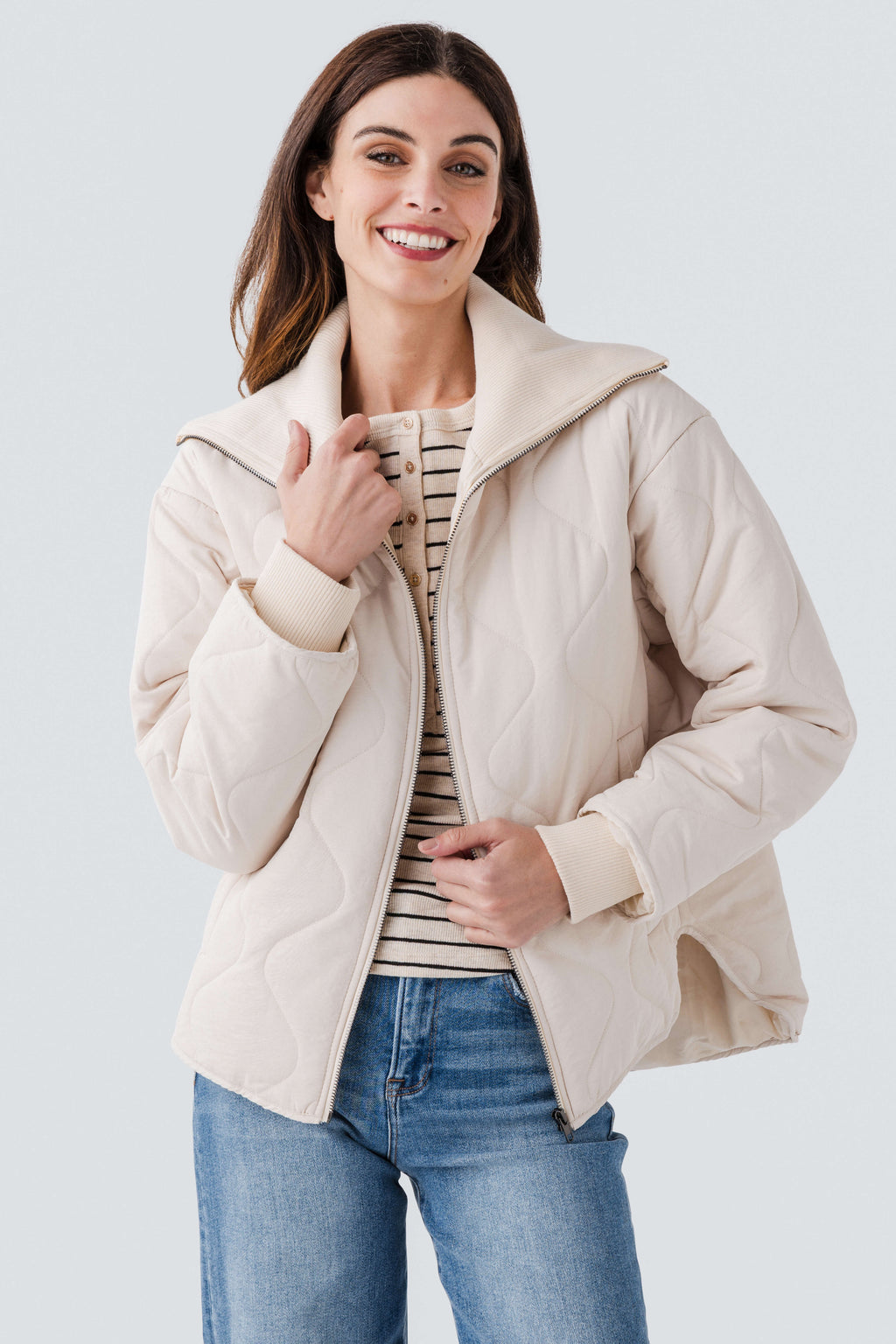 Hem & Thread Quilted Jacket w/ Rib Collar & Cuff